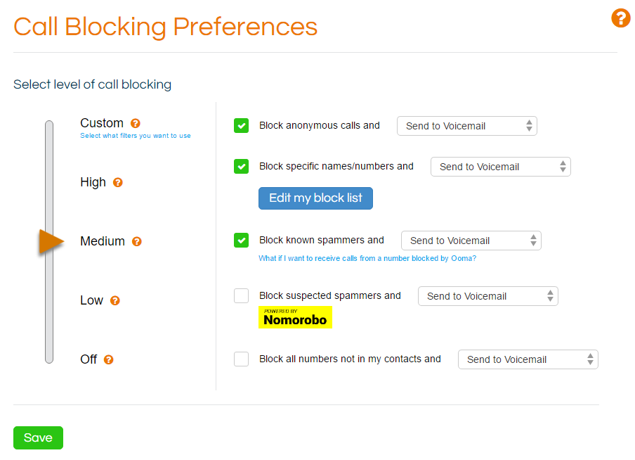 Call blocking preference settings.